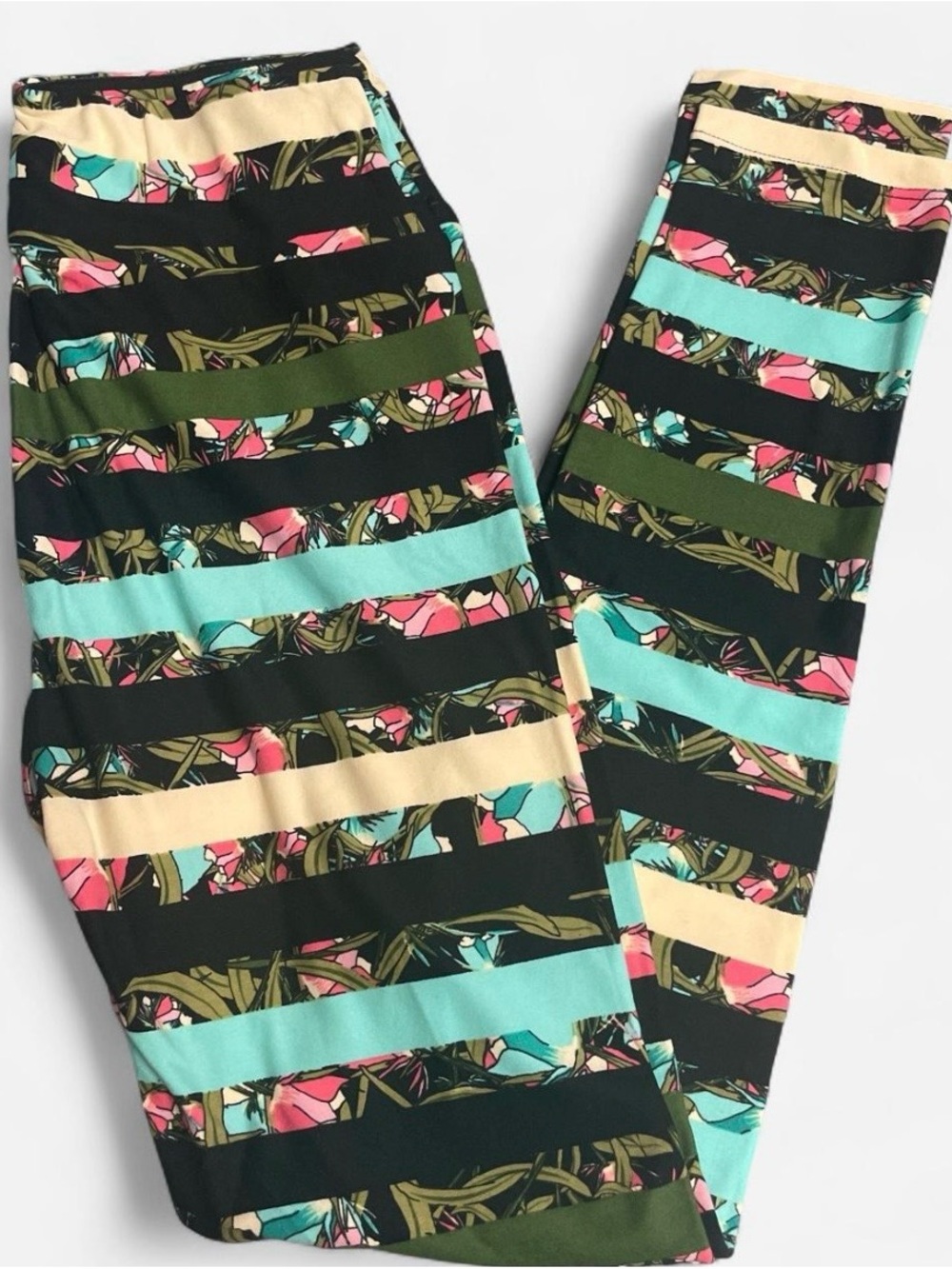 Lularoe Multicolor Striped Floral Leggings - Black, Teal & Pink